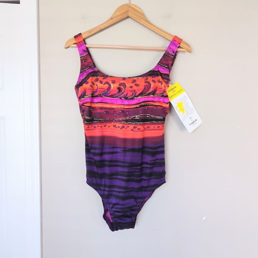 Longitude NWT X Back One Piece Swimsuit Size 14 Tummy Control Orange Black